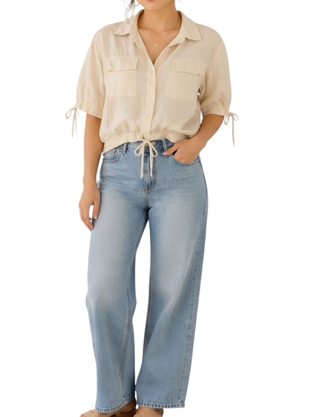 LOFT Cream Drawstring Hem Button-Front Shirt Jacket Size S